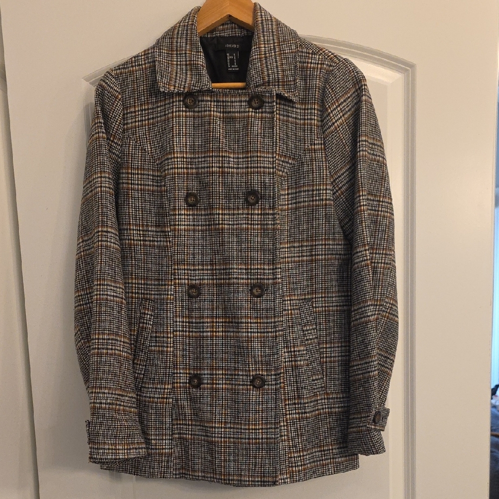 Forever 21 Plaid Double-Breasted Blazer in Black, White & Brown Tones
